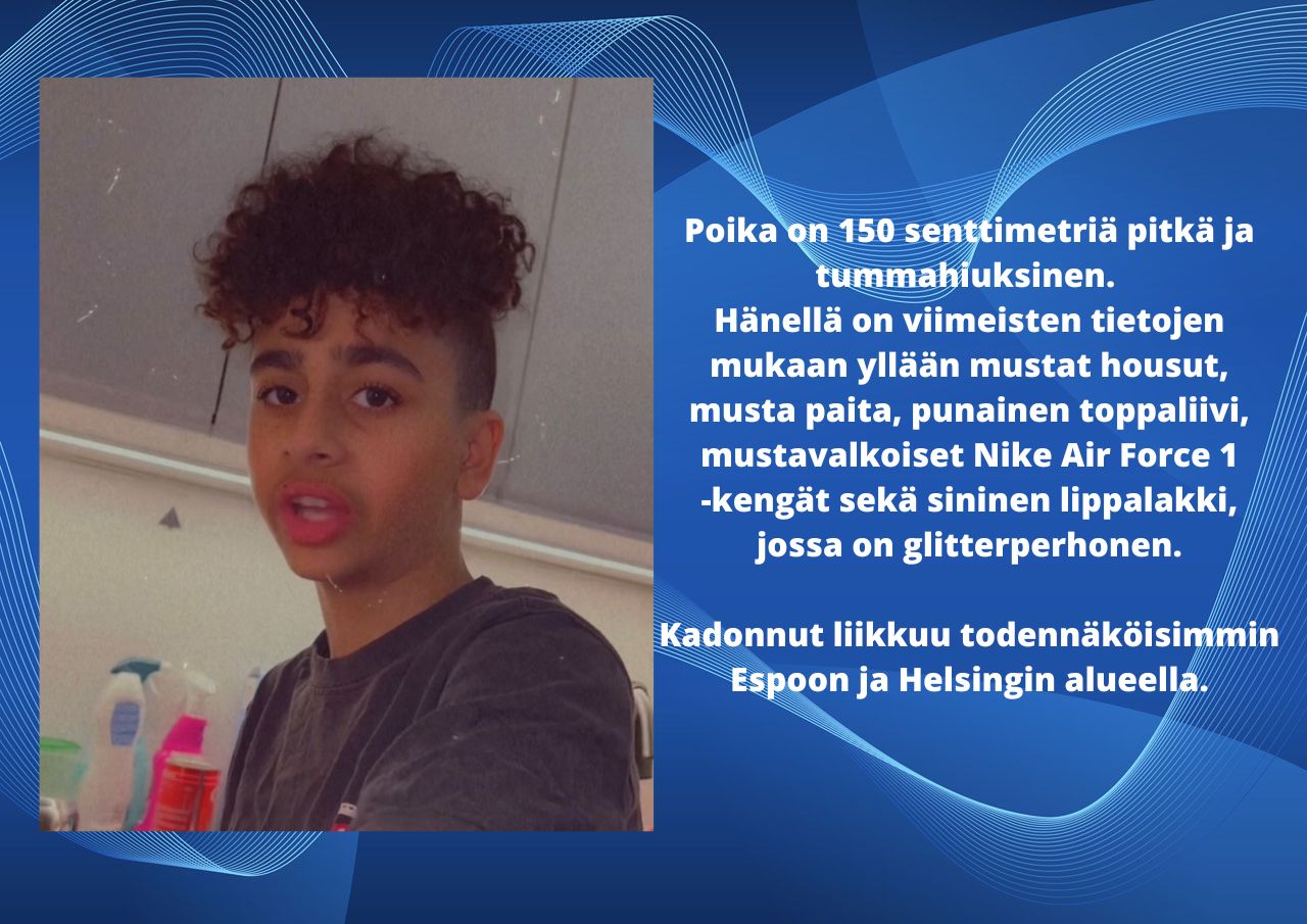 Poliisi pyytää havaintoja Espoossa kadonneesta 12-vuotiaasta pojasta